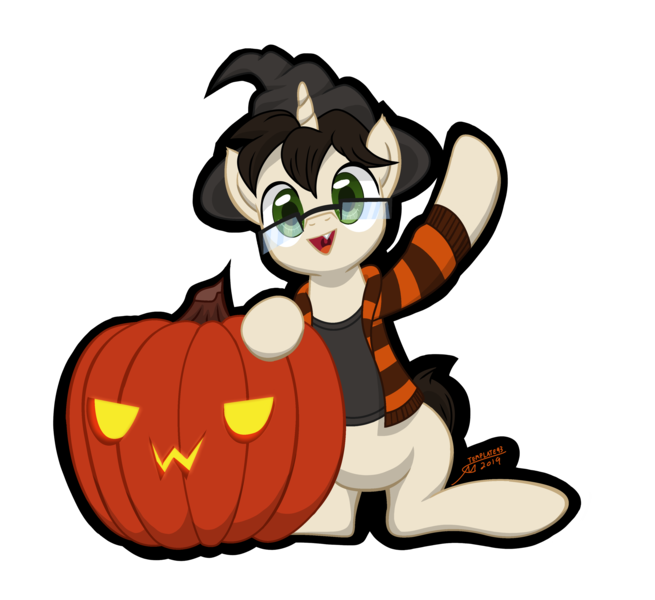 Size: 3600x3300 | Tagged: safe, artist:template93, derpibooru import, oc, oc:template, pony, unicorn, carving, clothes, cute, glasses, hat, jacket, male, nightmare night, pumpkin, sharp teeth, shirt, sitting, smiling, solo, teeth, waving, witch hat