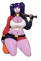 Size: 1072x1591 | Tagged: alternate hairstyle, artist:bimbo sparkles, baseball bat, belly button, big breasts, bimbo, bimbo sparkle, breasts, bubblegum, busty twilight sparkle, choker, cleavage, clothes, cosplay, costume, derpibooru import, female, food, gum, halloween, halloween costume, harley quinn, holiday, human, humanized, looking at you, midriff, plump, pony coloring, simple background, solo, solo female, suggestive, thick, twiley quinn, twilight sparkle, white background
