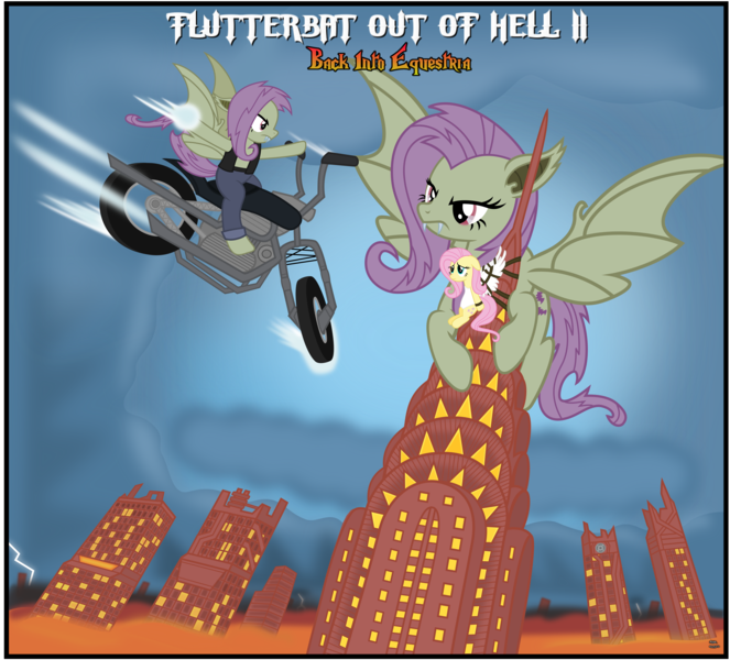 Size: 4324x3914 | Tagged: safe, artist:anime-equestria, derpibooru import, fluttershy, bat pony, pegasus, album cover, angel, bat out of hell, bat out of hell 2, bat ponified, bat wings, chrysler building, cloud, cloudy, crossover, fangs, female, fire, flutterbat, giant bat, lighting, lightning, mare, meat loaf, motorcycle, parody, race swap, skyscraper, skyscrapers, vector, wings