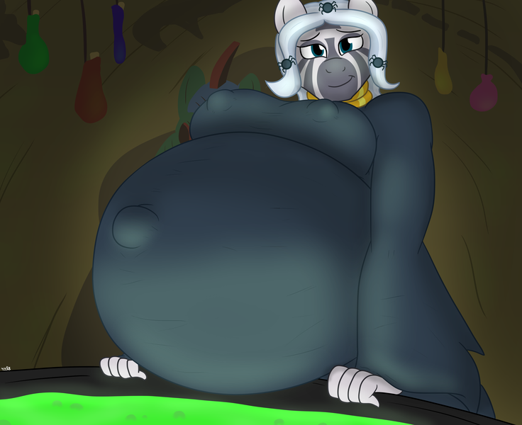 Size: 5600x4564 | Tagged: anthro, artist:theimmortalwolf, belly, big belly, breasts, cauldron, clothes, costume, derpibooru import, erect nipples, halloween, halloween costume, holiday, looking at you, luna eclipsed, nipple outline, pregnant, questionable, zecora