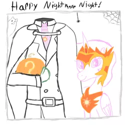 Size: 1000x1000 | Tagged: safe, artist:notawriteranon, derpibooru import, daybreaker, oc, oc:anon, dullahan, ghost, pony, spider, undead, clothes, costume, disembodied head, ghost costume, halloween, halloween costume, headless, holiday, jack-o-lantern, nightmare night, nightmare night costume, pumpkin