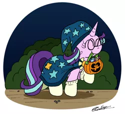 Size: 1644x1500 | Tagged: safe, artist:bobthedalek, derpibooru import, starlight glimmer, pony, unicorn, bucket, cape, clothes, costume, cute, female, gameloft, glimmerbetes, halloween, halloween costume, hat, holiday, implied sunburst, jack-o-lantern, messy mane, nightmare night, pumpkin, pumpkin bucket, socks, solo, trick or treat, trotting, wizard hat