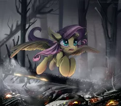 Size: 4000x3500 | Tagged: safe, artist:mithriss, derpibooru import, fluttershy, pegasus, pony, charred, dead tree, female, fire, flying, forest, forest fire, mare, open mouth, outdoors, shocked, smoke, solo, spread wings, three quarter view, tree, wings