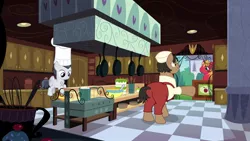 Size: 1920x1080 | Tagged: safe, derpibooru import, screencap, big macintosh, puff pastry, rumble, earth pony, pegasus, pony, the last problem, balancing, canterlot, chef, chef outfit, chef's hat, clothes, colt, continuity, cook, crate, frying pan, hat, kitchen, male, pot, stallion, suspenders