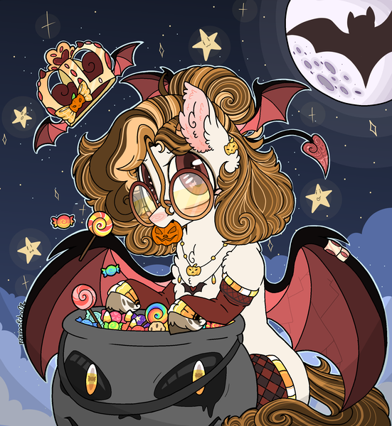 Size: 2143x2333 | Tagged: artist:myfantasy08, bat, candy, clothes, collar, crown, cute, derpibooru import, ear fluff, food, glasses, halloween, holiday, jewelry, looking at you, moon, multicolored mane, multicolored tail, night, oc, oc:equino echonnus, original species, pumpkim, pumpkin bucket, regalia, safe, sky, socks, solo, stars, succubus, succubus tail, wing ring