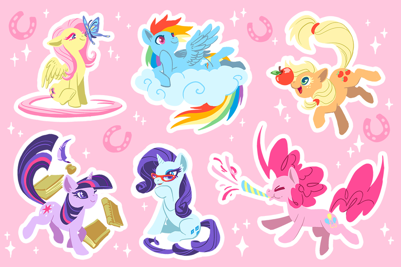 Size: 1200x800 | Tagged: safe, artist:mamath, derpibooru import, applejack, fluttershy, pinkie pie, rainbow dash, rarity, twilight sparkle, butterfly, earth pony, pegasus, pony, unicorn, apple, book, butterfly on nose, cloud, end of ponies, female, food, glasses rarity, hat, hatless, horseshoes, inkwell, insect on nose, mane six, mare, missing accessory, on a cloud, party horn, pink background, quill, simple background, unicorn twilight