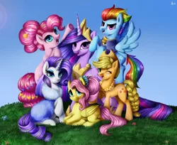 Size: 1280x1047 | Tagged: safe, artist:aschenstern, derpibooru import, applejack, fluttershy, pinkie pie, princess twilight 2.0, rainbow dash, rarity, twilight sparkle, twilight sparkle (alicorn), alicorn, earth pony, pegasus, pony, unicorn, the last problem, clothes, mane six, mane six opening poses, older, older applejack, older fluttershy, older mane six, older pinkie pie, older rainbow dash, older rarity, older twilight, one eye closed