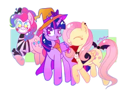 Size: 1280x967 | Tagged: safe, artist:softyshy, derpibooru import, fluttershy, pinkie pie, twilight sparkle, twilight sparkle (alicorn), alicorn, earth pony, pegasus, pony, vampire, abstract background, clothes, costume, cute, eyes closed, fangs, female, halloween, halloween costume, hat, heart eyes, holiday, mare, mime, smiling, trio, wingding eyes, witch, witch hat