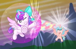 Size: 1111x719 | Tagged: safe, artist:aleximusprime, derpibooru import, cozy glow, princess flurry heart, alicorn, pony, flurry heart's story, the ending of the end, alicornified, bow, bubble, bubble shield, canterlot, cozycorn, duel, epic, female, fight, filly, filly flurry heart, force field, headcanon, laser beams, maniacal laugh, older, older flurry heart, one eye open, race swap, squishy cheeks