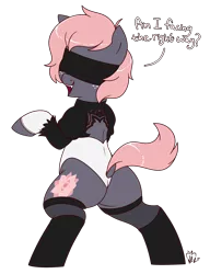 Size: 2000x2600 | Tagged: safe, artist:notenoughapples, derpibooru import, oc, oc:vedalia rose, unofficial characters only, earth pony, pony, 2b, bipedal, blindfold, clothes, cosplay, costume, dialogue, dock, female, leggings, leotard, looking back, mare, nier: automata, smiling, solo