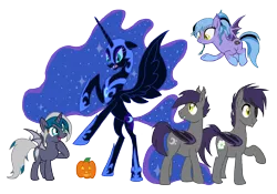 Size: 1908x1333 | Tagged: safe, artist:mjangelvortex, derpibooru import, nightmare moon, oc, oc:elizabat stormfeather, oc:frolicsome meadowlark, oc:nightwatch, oc:sunshine smiles (egophiliac), alicorn, bat pony, bat pony alicorn, pony, alicorn oc, bat pony oc, bat wings, brothers, digital art, disguise, ear fluff, ethereal mane, eyepatch, female, flying, halloween, happy, holiday, horn, jack-o-lantern, male, mare, nightmare night, pumpkin, rearing, siblings, simple background, slit eyes, smiling, socks (coat marking), spread wings, stallion, trace, transparent background, wingboner, wings, wip