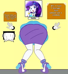 Size: 827x905 | Tagged: suggestive, alternate version, artist:fireunderpants, artist:the-butch-x, derpibooru import, rarity, equestria girls, ass, bent over, bondage, bust, butt, clothes, exhibitionism, female, full body glory hole, high heels, miniskirt, portrait, public use, rearity, shoes, skirt, solo, solo female, text, through wall, tube skirt