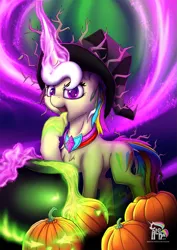 Size: 935x1323 | Tagged: semi-grimdark, artist:calena, derpibooru import, oc, oc:trinity deblanc, unofficial characters only, pony, unicorn, cauldron, clothes, costume, ear piercing, earring, female, halloween, halloween costume, hat, holiday, jack-o-lantern, jewelry, licking, magic, mare, multicolored mane, nightmare night, nightmare night costume, piercing, pumpkin, solo, tongue out, witch, witch hat