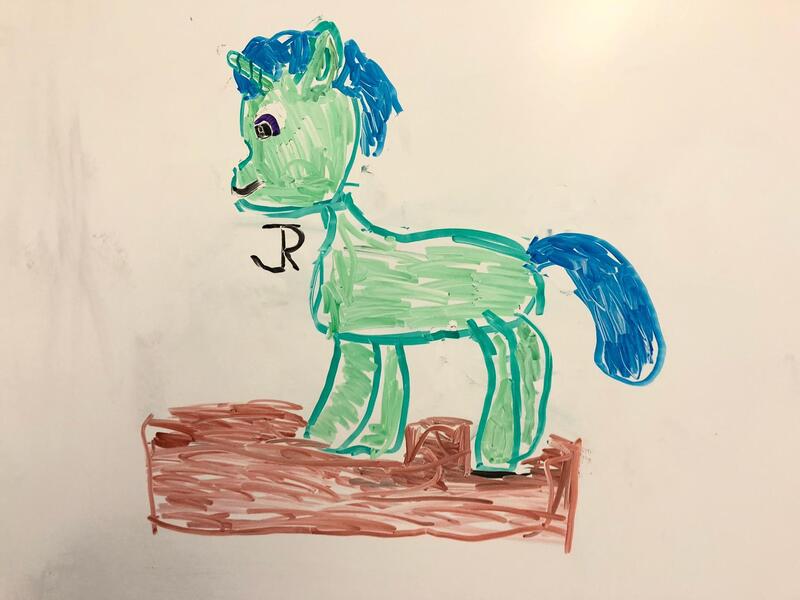 Size: 2048x1536 | Tagged: safe, artist:joeydr, derpibooru import, oc, oc:green byte, unofficial characters only, pony, unicorn, dry erase board, male, signature, simple background, solo, stallion, traditional art, white background