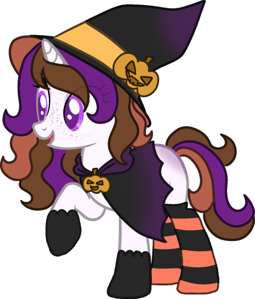 Size: 1350x1580 | Tagged: safe, artist:elizadoesadopts, derpibooru import, oc, oc:mystic brew, unofficial characters only, pony, unicorn, blank flank, cloak, clothes, female, freckles, gloves, hat, mare, multicolored hair, open mouth, pumpkin, raised hoof, robe, simple background, socks, solo, striped socks, transparent background, witch, witch costume, witch hat