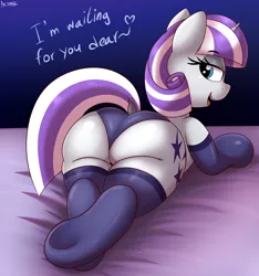 Size: 3742x4000 | Tagged: suggestive, artist:an-tonio, derpibooru import, twilight velvet, pony, unicorn, and that's how twilight sparkle was made, ass, bedroom eyes, butt, clothes, dock, erotica, female, human shoulders, lingerie, looking at you, looking back, looking back at you, mare, milf, panties, plot, purple panties, purple underwear, socks, solo, solo female, stockings, thigh highs, thong, underwear