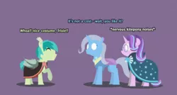 Size: 2711x1454 | Tagged: safe, artist:gd_inuk, derpibooru import, sandbar, starlight glimmer, trixie, changedling, changeling, earth pony, pony, unicorn, batbar, batpony costume, blank eyes, changedlingified, changelingified, clothes, costume, descriptive noise, dialogue, empty eyes, eyes closed, fake fangs, fake wings, female, glasses, lineless, male, nervous, nightmare night costume, no mouth, one hoof raised, purple background, robe, simple background, species swap, stylized, sunburst's glasses, sunburst's robe, sweat, sweating profusely, tape, trio