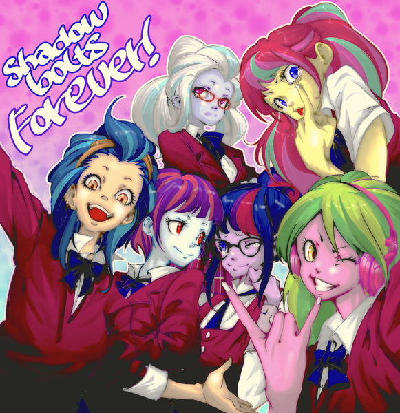 Size: 996x1029 | Tagged: safe, artist:ddd1983, derpibooru import, indigo zap, lemon zest, sci-twi, sour sweet, sugarcoat, sunny flare, twilight sparkle, equestria girls, friendship games, clothes, crystal prep academy uniform, looking at you, one eye closed, open mouth, school uniform, shadow five, shadow six, wink