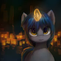 Size: 1080x1080 | Tagged: safe, artist:quvr, derpibooru import, oc, oc:homage, unofficial characters only, pony, unicorn, fallout equestria, female, glowing horn, horn, lantern, looking at you, magic, mare, reflection, solo