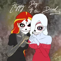 Size: 1000x1000 | Tagged: artist:deltalima, breasts, cleavage, clothes, costume, derpibooru import, dia de los muertos, halloween, heart hands, holiday, human, humanized, one eye closed, safe, shoulderless, sunset shimmer, trixie