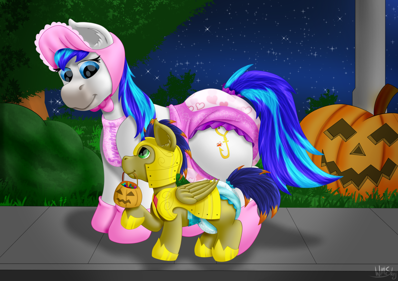 Size: 1280x905 | Tagged: safe, artist:wittleskaj, derpibooru import, oc, oc:hooklined, oc:seafire, earth pony, pegasus, pony, adult foal, armor, bib, bonnet, booties, clothes, colt, costume, diaper, diaper fetish, female, fetish, foal, halloween, halloween costume, holiday, jack-o-lantern, male, mare, mittens, night, pumpkin, royal guard armor, trick or treat