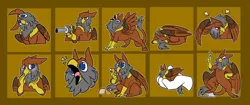 Size: 2909x1225 | Tagged: safe, artist:stupidshepherd, derpibooru import, oc, oc:peregrine, unofficial characters only, gryphon, :p, aiming, angry, annoyed, beak, behaving like a bird, behaving like a cat, birb, blushing, blushing profusely, catbird, derp, disembodied hand, drool, embarrassed, gold, griffon oc, gun, hand, handgun, holding, in goliath's palm, leonine tail, majestic as fuck, male, micro, open beak, open mouth, pose, revolver, rock, shocked expression, sleeping, solo, sticker set, suprised look, tail in mouth, talons, telegram sticker, tongue out, weapon