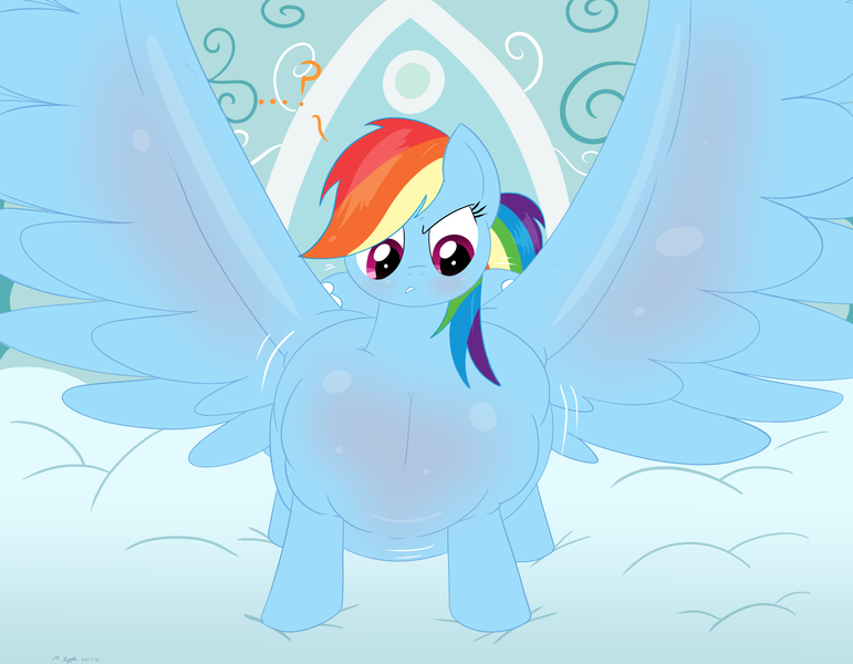Size: 2160x1680 | Tagged: artist:necrofeline, belly, big belly, both cutie marks, comic, derpibooru import, expansion, female, growth, inflation, large wings, mare, oversized wings, pegasus, potion, question mark, rainbow dash, sequence, series:faulty supplement, solo, solo female, suggestive, wings