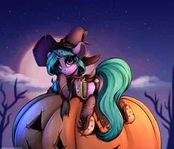 Size: 3500x3000 | Tagged: suggestive, artist:hitbass, artist:skitsniga, derpibooru import, oc, oc:eleane tih, unofficial characters only, pony, unicorn, book, boots, clothes, collaboration, costume, cute, digital art, female, halloween, halloween costume, happy, hat, holiday, jack-o-lantern, looking at you, looking back, looking back at you, mare, not buttplug, pumpkin, shoes, sign, sitting, solo, witch hat