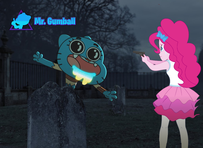 Size: 2050x1496 | Tagged: safe, artist:limedazzle, derpibooru import, edit, editor:mr. gumball, pinkie pie, equestria girls, crossover, gumball watterson, gun, the amazing world of gumball, weapon