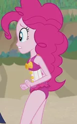 Size: 670x1078 | Tagged: safe, derpibooru import, screencap, pinkie pie, sci-twi, twilight sparkle, equestria girls, equestria girls series, x marks the spot, beach, beach babe, clothes, cropped, cute, diapinkes, female, geode of sugar bombs, legs, magical geodes, offscreen character, sleeveless, solo focus, swimsuit