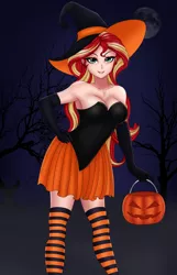 Size: 1417x2202 | Tagged: armpits, artist:anonix123, bare shoulders, breasts, busty sunset shimmer, cleavage, clothes, costume, dead tree, derpibooru import, dress, eyeshadow, halloween, halloween costume, hat, holiday, human, humanized, leotard, makeup, miniskirt, pleated skirt, pumpkin bucket, safe, skirt, smiling, socks, solo, strapless, striped socks, sunset shimmer, thigh highs, tree, witch costume, witch hat