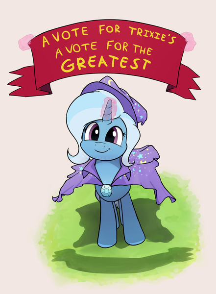 Size: 1433x1949 | Tagged: safe, artist:whiskeypanda, derpibooru import, trixie, pony, unicorn, /mlp/, banner, cape, clothes, cute, diatrixes, female, hat, levitation, looking up, magic, magic aura, mare, smiling, solo, telekinesis, trixie's cape, trixie's hat