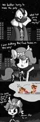 Size: 1080x3240 | Tagged: safe, artist:tjpones, derpibooru import, oc, oc:brownie bun, oc:richard, unofficial characters only, horse wife, apple, apple bobbing, bane, bendy straw, clothes, comic, costume, cute, drinking straw, food, halloween, halloween costume, holiday, monochrome, neo noir, ocbetes, partial color, skeleton costume, thought bubble