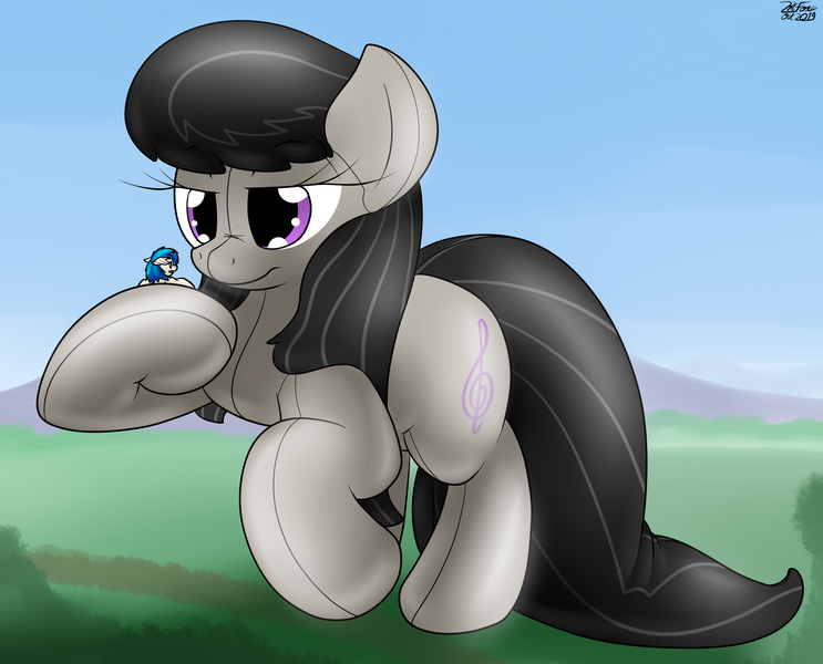 Size: 2334x1886 | Tagged: questionable, artist:the-furry-railfan, derpibooru import, octavia melody, vinyl scratch, earth pony, inflatable pony, unicorn, annoyed, dirt road, inflatable, inflation, macro, mountain, mountain range, octavia is not amused, parade balloon, size difference, this will end in balloons, transformation, transformed, tree, unamused