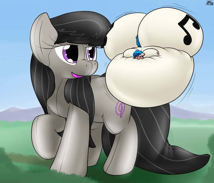 Size: 2320x1992 | Tagged: questionable, artist:the-furry-railfan, derpibooru import, octavia melody, vinyl scratch, earth pony, inflatable pony, unicorn, belly, big belly, blimp, blushing, blushing ears, blushing profusely, butt, dirt road, floating, huge belly, huge butt, impossibly large belly, impossibly large butt, inflatable, inflation, large butt, mountain, mountain range, parade balloon, size difference, this ended in balloons, transformed, tree