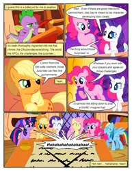 Size: 612x792 | Tagged: safe, artist:newbiespud, derpibooru import, edit, edited screencap, screencap, applejack, fluttershy, pinkie pie, rainbow dash, rarity, spike, twilight sparkle, dragon, earth pony, pegasus, pony, unicorn, comic:friendship is dragons, book, bookshelf, comic, dialogue, eyes closed, female, freckles, golden oaks library, hat, male, mane seven, mane six, mare, quill, raised hoof, screencap comic, smiling, unicorn twilight