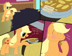 Size: 2700x2100 | Tagged: safe, artist:necrofeline, derpibooru import, applejack, earth pony, pony, series:flutters's fritters, comic, dialogue, eating, food, fritter, hat, implied fluttershy, sequence, this will end in balloons