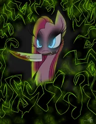 Size: 888x1150 | Tagged: safe, artist:didun850, derpibooru import, pinkie pie, earth pony, pony, abstract background, blood, bust, eyelashes, eyeliner, eyeshadow, female, knife, makeup, mare, mouth hold, pinkamena diane pie, solo