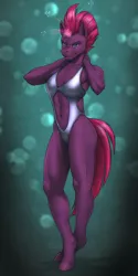 Size: 1900x3800 | Tagged: safe, artist:mykegreywolf, derpibooru import, fizzlepop berrytwist, tempest shadow, anthro, unguligrade anthro, unicorn, abs, armpits, belly button, breasts, broken horn, clothes, delicious flat chest, female, glowing horn, high res, high-cut clothing, horn, looking at you, mare, muscles, muscular female, one-piece swimsuit, pretty pretty tempest, smiling, solo, swimsuit, temple shadow