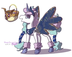 Size: 1250x1000 | Tagged: safe, artist:floofyfoxcomics, derpibooru import, princess luna, eevee, galarian ponyta, pony, ponyta, braid, braided tail, cardboard wings, clothes, costume, fake wings, magic, nightmare night costume, pokémon, simple background, solo, transparent background