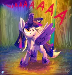 Size: 1440x1500 | Tagged: safe, artist:reapers969, derpibooru import, derpy hooves, pegasus, pony, scare master, aaaaaaaaaa, alicorn costume, clothes, corn maze, costume, cute, derpabetes, fake horn, fake wings, female, mare, nightmare night costume, scene interpretation, signature, solo, toilet paper roll, toilet paper roll horn, twilight muffins, twilight sparkle costume, wig