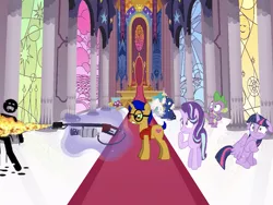 Size: 1024x768 | Tagged: grimdark, derpibooru import, princess celestia, princess luna, spike, twilight sparkle, twilight sparkle (alicorn), oc, oc:nickel tempest, alicorn, human, unicorn, pony creator, canterlot castle, edgy, flamethrower, melting, scientist, throne room, weapon