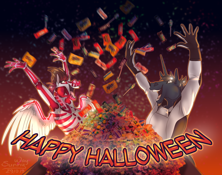 Size: 1261x1000 | Tagged: safe, artist:sunny way, derpibooru import, oc, oc:saitudon, oc:sunny way, anthro, pegasus, unicorn, armpits, astronaut, bone, candies, candy, clothes, costume, food, halloween, halloween costume, hands up, happy, holiday, horn, open mouth, skeleton, wings