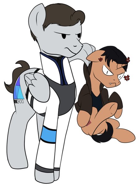 Size: 1948x2596 | Tagged: safe, artist:wolftenpr0nz, derpibooru import, ponified, pegasus, pony, unicorn, clothes, crossover, detroit: become human, duo, fangs, gavin reed, jacket, male, nines, rk900, simple background, stallion, video game, white background, wing hold