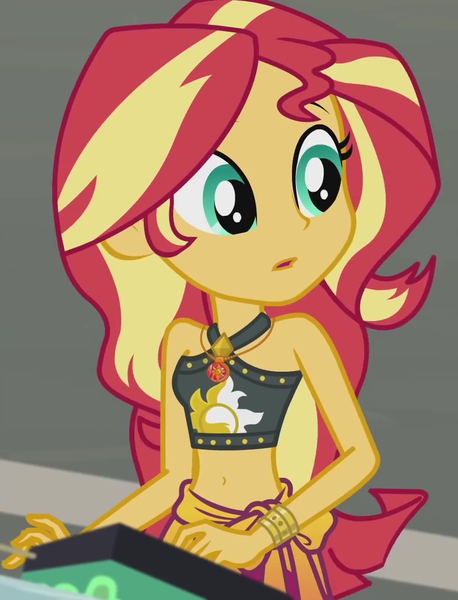 Size: 825x1080 | Tagged: safe, derpibooru import, screencap, sunset shimmer, equestria girls, equestria girls series, x marks the spot, belly button, bikini, bracelet, clothes, cropped, cute, female, geode of empathy, jewelry, magical geodes, midriff, sarong, shimmerbetes, sleeveless, solo, swimsuit