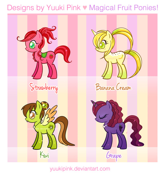 Size: 1029x1090 | Tagged: safe, artist:yuukipink, derpibooru import, oc, ponified, kiwi, pony, banana cream, food, fruit, grape, kiwi fruit, strawberry