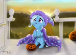 Size: 6300x4550 | Tagged: safe, artist:darksly, derpibooru import, trixie, pony, unicorn, cape, clothes, crying, cute, daaaaaaaaaaaw, diatrixes, digital art, female, filly, filly trixie, floppy ears, hat, sitting, solo, trixie's cape, trixie's hat, younger