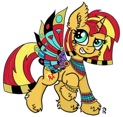 Size: 1907x1806 | Tagged: safe, artist:dawn-designs-art, derpibooru import, sunset shimmer, pony, unicorn, alternate hairstyle, clothes, cosplay, costume, cute, ear fluff, egypt, egyptian, egyptian pony, female, fluffy, halloween, halloween costume, holiday, leg fluff, mare, nightmare night, simple background, solo, sunset, transparent background