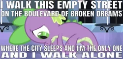 Size: 639x310 | Tagged: abuse, boulevard of broken dreams, caption, depressing, derpibooru import, dragon, edit, edited screencap, editor:undeadponysoldier, equestria games (episode), green day, image macro, impact font, male, sad, safe, screencap, slumped, solo, song reference, spike, spikeabuse, text