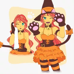 Size: 1791x1791 | Tagged: safe, artist:dragonemperror2810, derpibooru import, sunset shimmer, cat, human, equestria girls, anime, bell, bell collar, belt, breasts, busty sunset shimmer, catgirl, cleavage, clothes, collar, costume, cute, fake tail, female, halloween, halloween costume, happy, hat, holiday, looking at you, miniskirt, one eye closed, open mouth, skirt, smiling, socks, solo, story included, striped socks, thigh highs, wink, witch hat